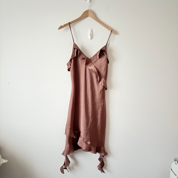 Aritzia Wilfred Botanical Satin Ruffle Dress Mocha Sorbet Medium - Picture 4 of 9